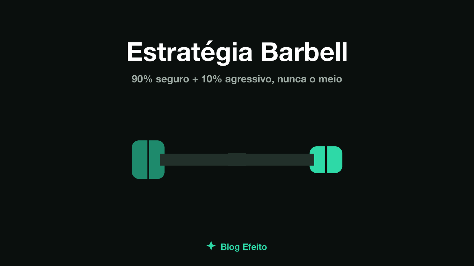 Capa do artigo Estratégia barbell: um haltere abstrato com pesos nas duas pontas e uma barra vazia no centro, em tons de verde sobre fundo escuro