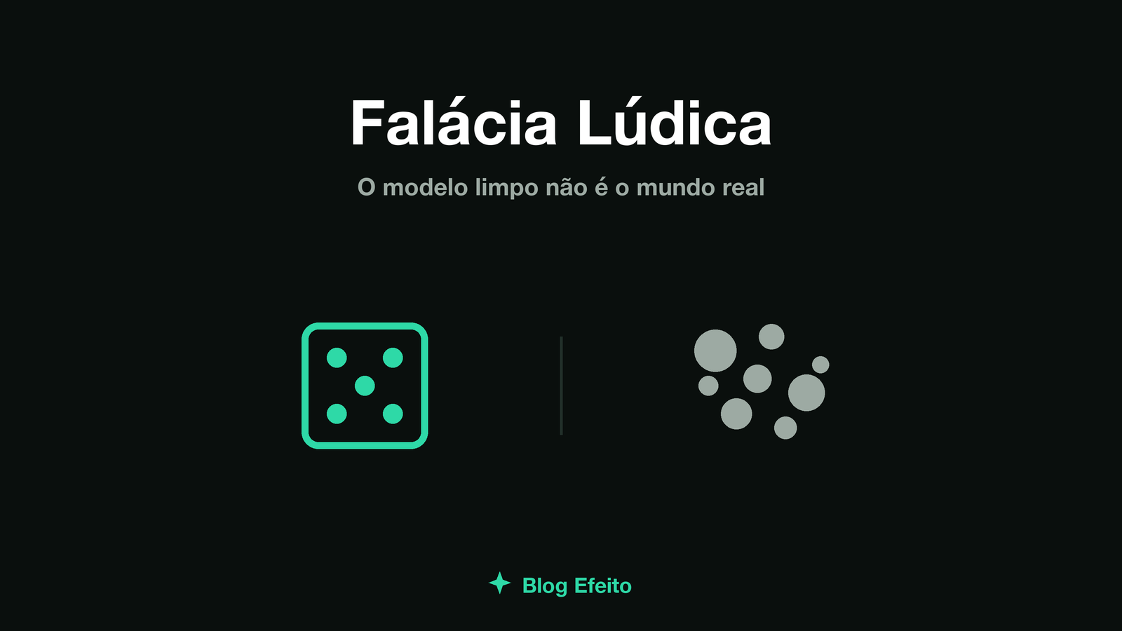 Capa do artigo Falácia lúdica: um dado de cassino desfazendo-se em névoa irregular à direita, linhas de grade verdes distorcendo sobre fundo escuro