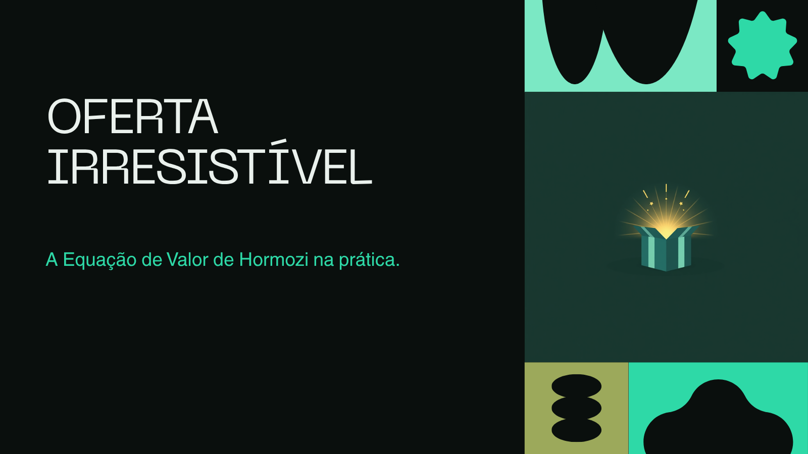 Capa do artigo Oferta Irresistível: título em branco sobre fundo verde-escuro com grafismo abstrato em tons de verde